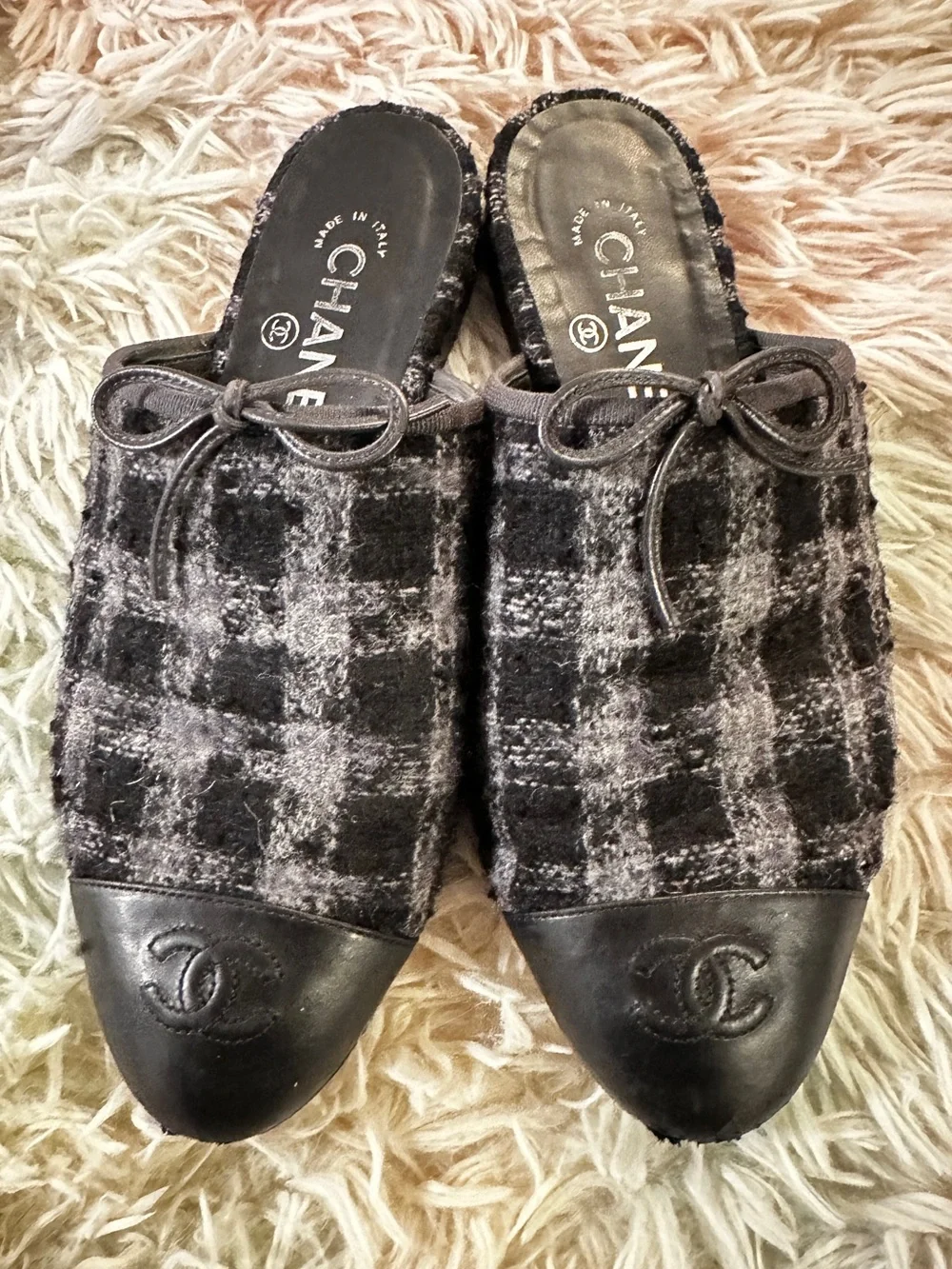 Chanel Wool Check Mules Size 38.5